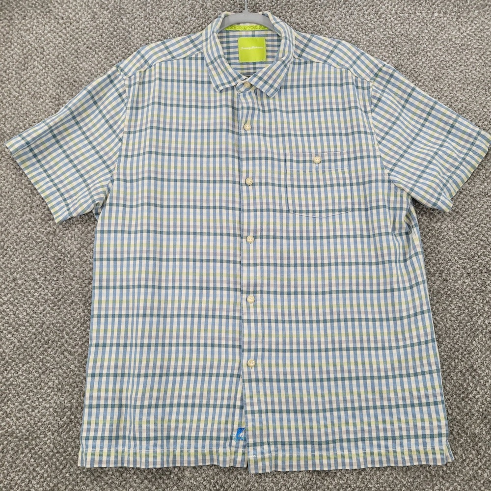 Tommy Bahama Mens XL Silk Short Sleeve Button Down Shirt Blue Green Plaid Marlin